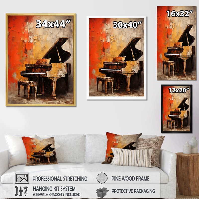 «Vintage Piano Timeless Tunes II - Music Piano Large», art mural, Cadre doré simple, H 44 po x l 34 po x P 1,5 po