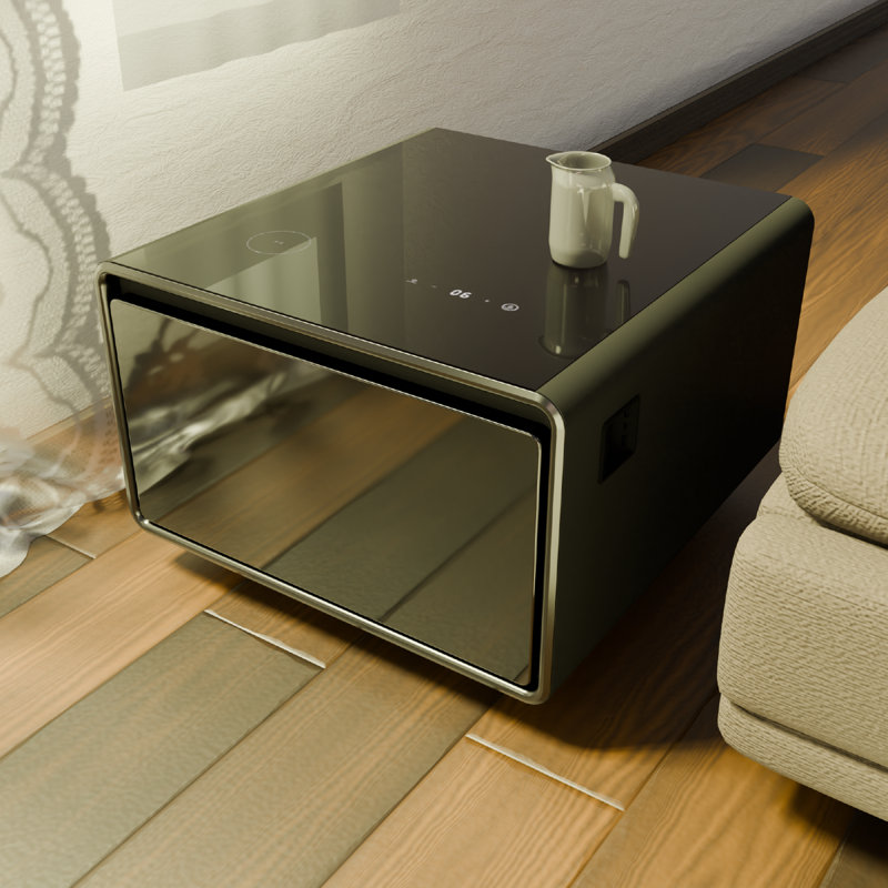 Black High Gloss Smart End Table with Fridge Drawer and Charging Station