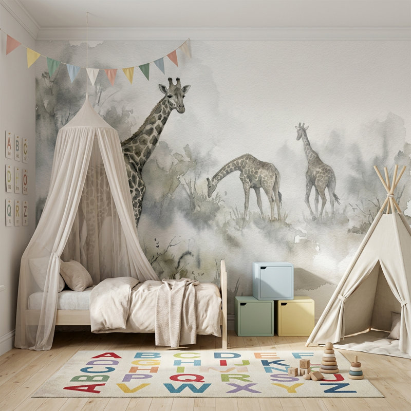 Papier peint aquarelle girafes brumeuses, 100 po x 96 po, Textured Non-Pasted