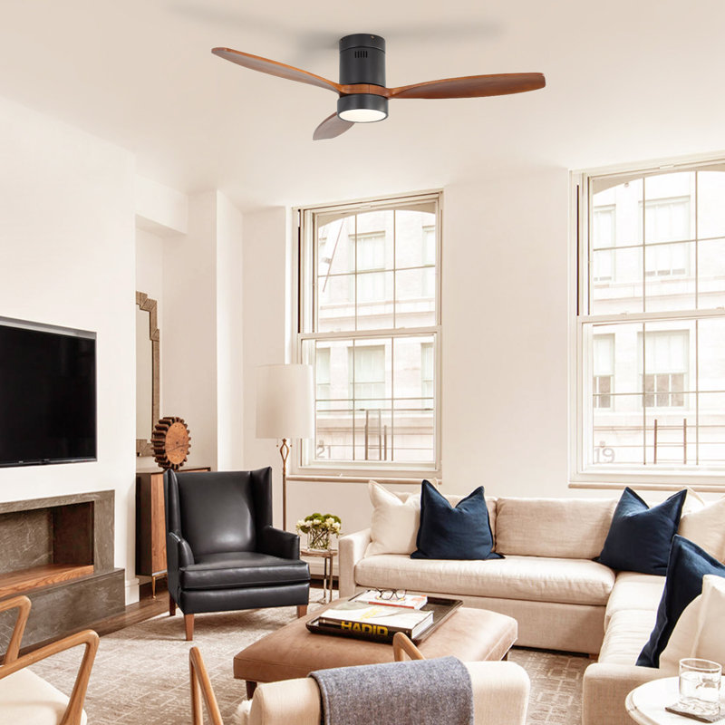 52" 3-Solid Blade Classic Flush Mount Ceiling Fan With Light and Remote Control