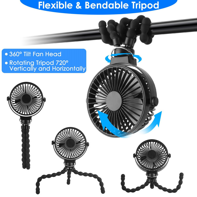 Portable Baby Stroller Rechargeable Handheld Fan with Flexible Tripod Clip On Desktop, Black