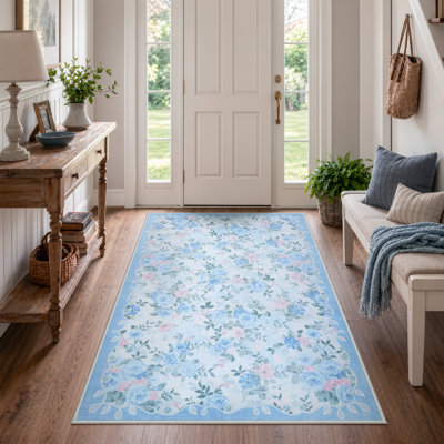 Vintage Rose Floral Washable Area Rug with Non-Slip Backing for Living Room, Bedroom & Dining Room