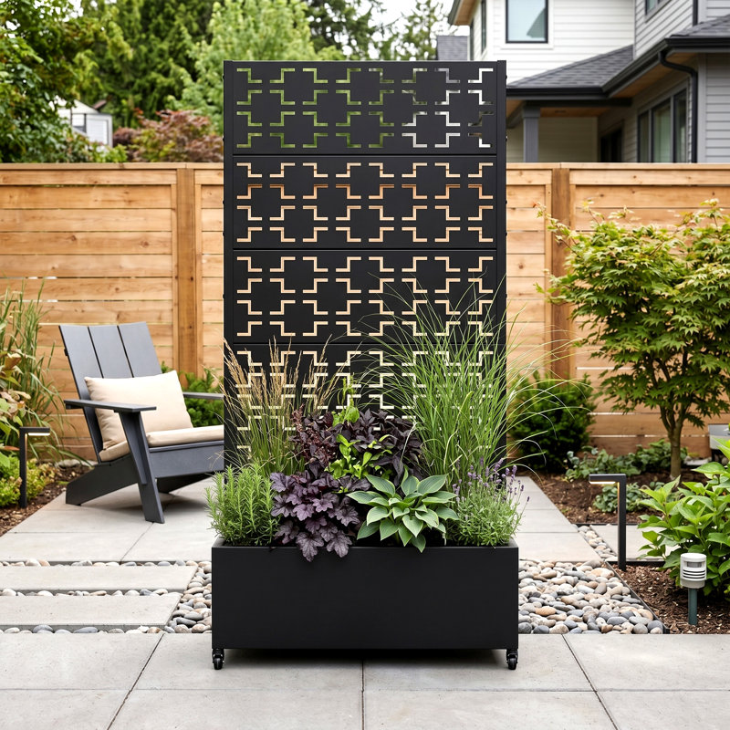 Rohun Galvanized Metal Rectangular Planter with Trellis and Locking Wheels, 72" H x 35" W x 16" D, Black