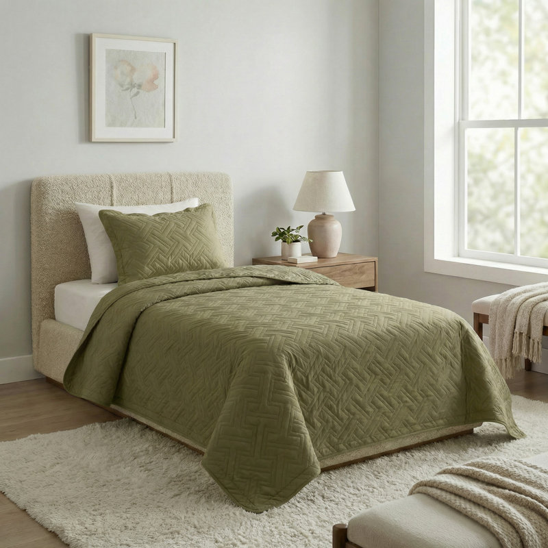Ensemble de courtepointe pour lit simple 2 pièces Lavish Home - Couvre-lit simple et taie d'oreiller avec motif à losanges en relief - Ensemble de literie pour courtepointe légère toutes saisons - Couvre-lit en microfibre douce (vert)