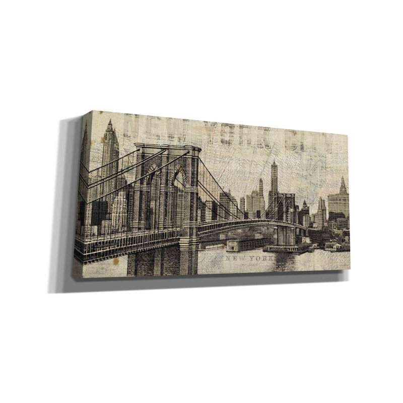«Vintage NY Brooklyn Bridge Skyline» par Michael Mullan, art mural sur toile, H 20 po x l 40 po x P 1,5 po