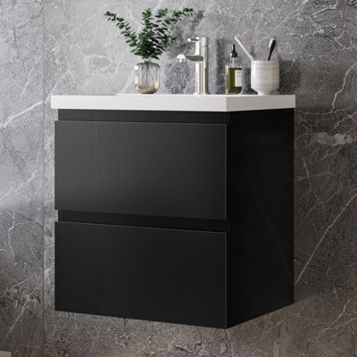 Glossy Vanity Unit,Wall Mounted,Detachable,Soft Close,Two-Drawer+Basin