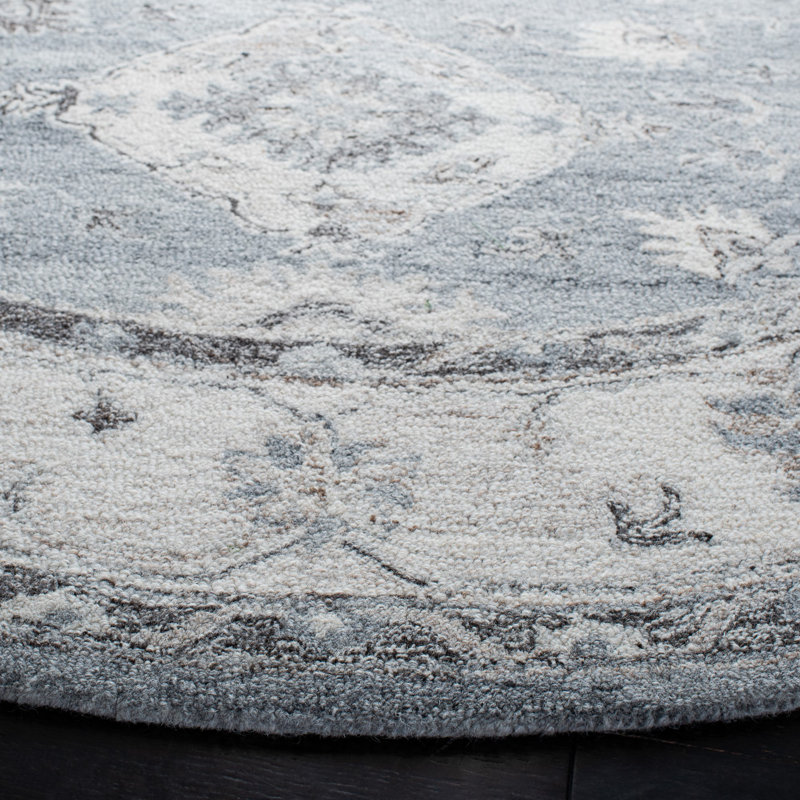 Tapis gris / ivoire en laine touffeté à la main Routh, Rond 6 pi