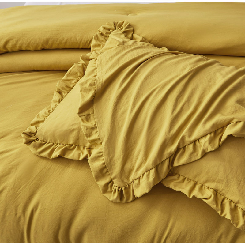 Nora Washed Microfiber Ruffled Comforter Set, Mustard, Full Comforter + 2 Standard Shams