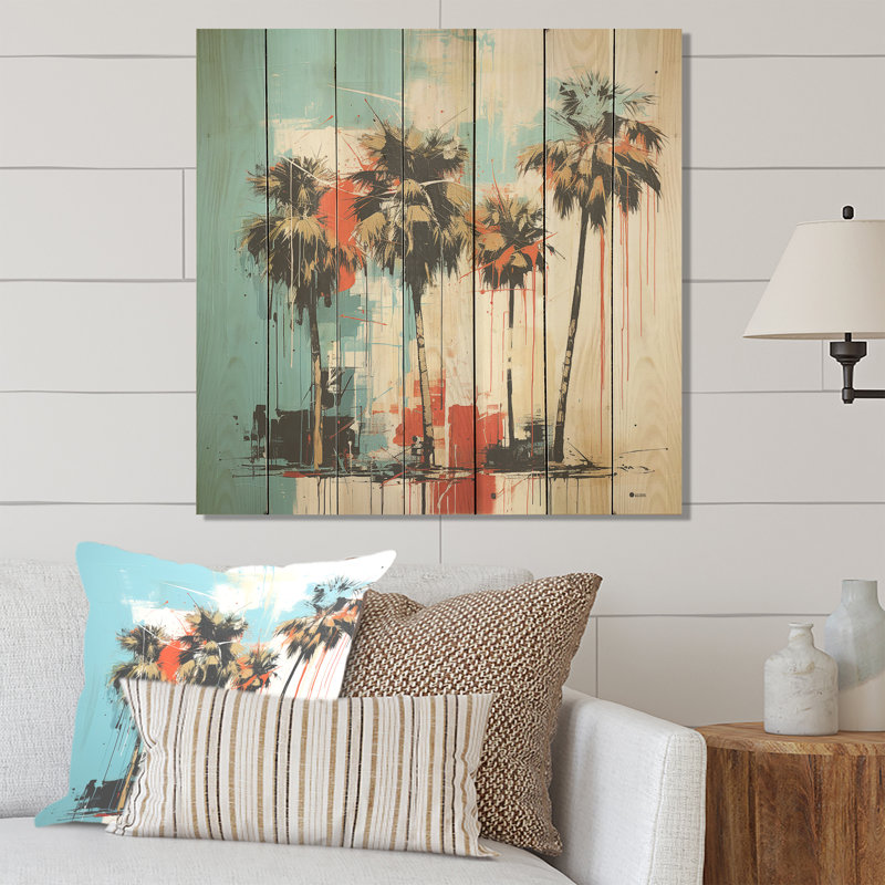 Blue And Black Florida Palm Tree Harmony - Florida On Wood Print, 15" H x 15" W