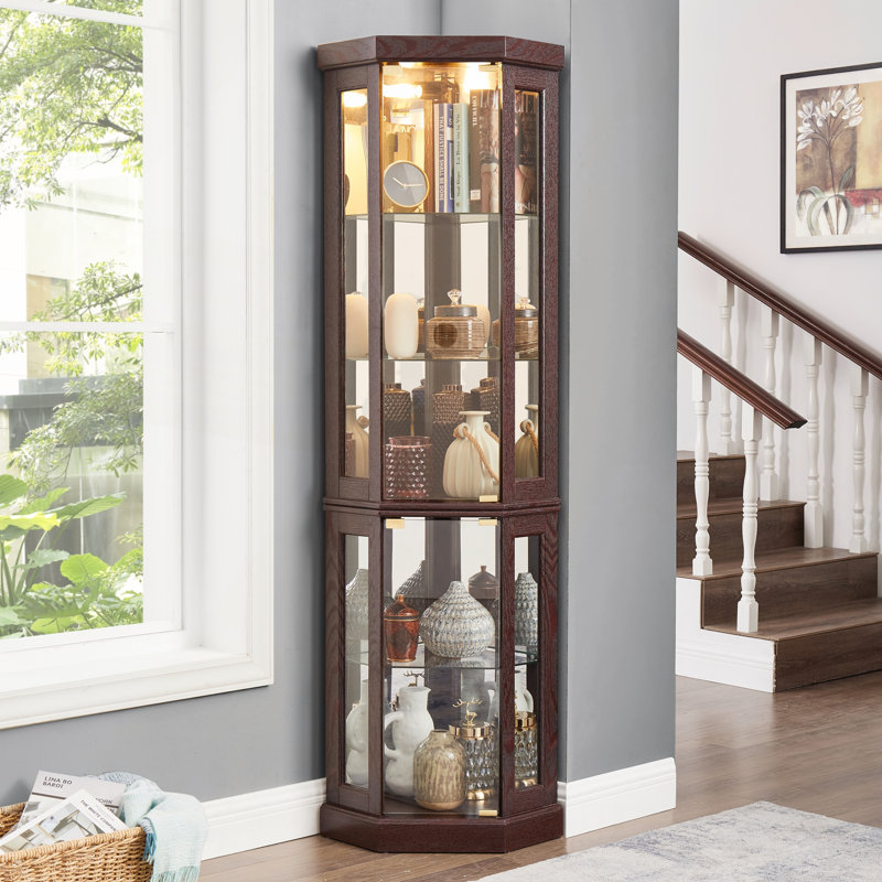 Corner Lighted Curio Cabinet Corner Glass Cabinet Lighted Curio Cabinet Corner Display Case For Living Room, Curio Cabinet, Antique Collection, Wine,Bar Glass Storage Light Included
