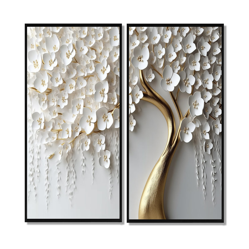 Orchidée blanche jardin de branches IV - ensemble de 2 reproductions d'art sur toile florales (sans texture), Noir