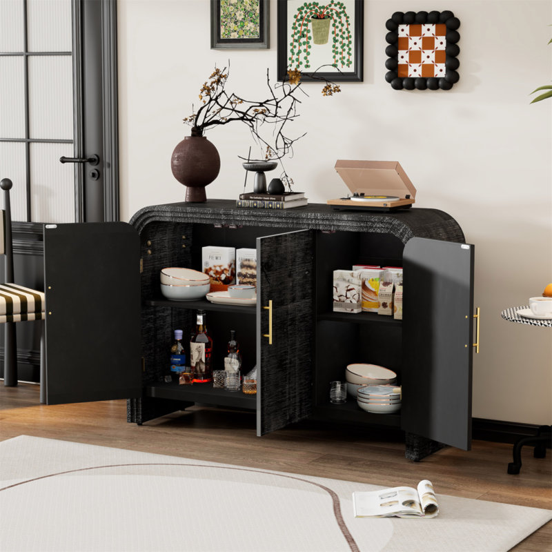 Buffet rétro rétro minimaliste avec poignées dorées et séparateurs réglables, parfait pour un rangement et une présentation élégants