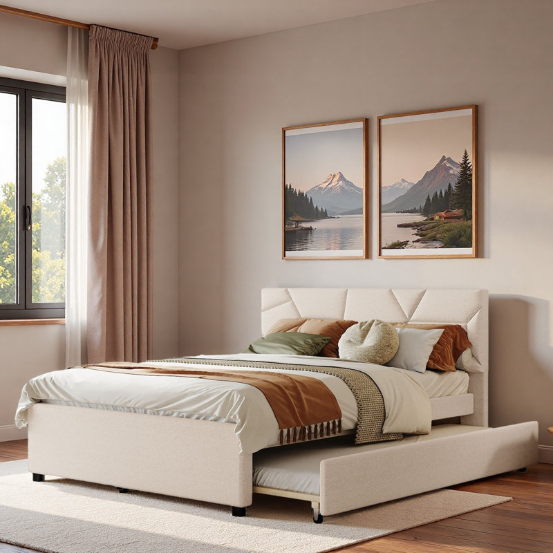 Upholstered Platform Bed With Brick Pattern Headboard And Trundle, Beige