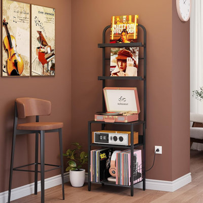 Support pour tourne-disque avec rangement en vinyle - table tournante à 5 niveaux avec prise de courant, pieds réglables, armoire en métal et en bois - étagère de rangement pour console, salon, appartement