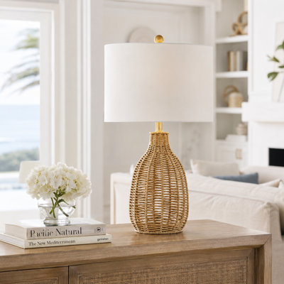 25" Coastal Farmhouse Handwoven Rope Rattan Table Lamp with Soft Lighting