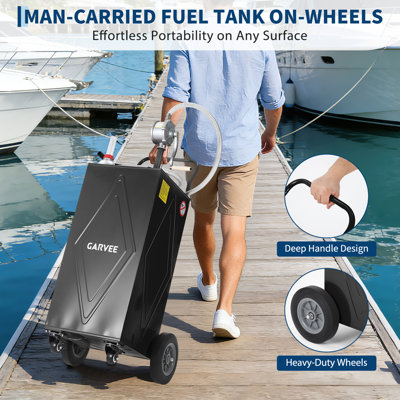 35-Gallon Black Steel Portable Fuel Caddy With Manual Rotary Pump, Heavy-Duty Metal Transfer Tank With Reinforced 4 All-Terrain Wheels For Trucks, Boats, ATVs And Farm Equipment