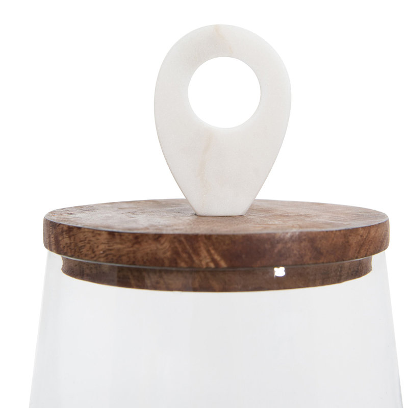 Grand pot en verre transparent avec couvercle en bois de manguier et en marbre, H 15 po x l 9 po x P 9 po