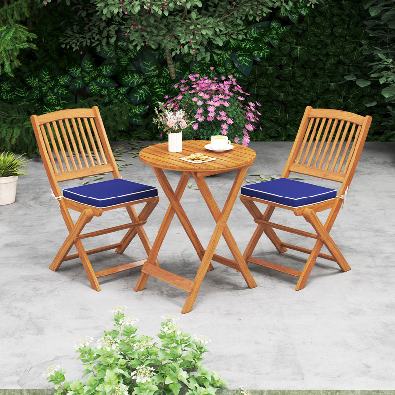 Ensemble bistro 3 pièces pliant en bois d'acacia avec coussins, Marine