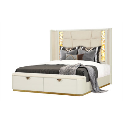 Grand lit tapissier de style moderne en bois avec tiroirs de pied de lit