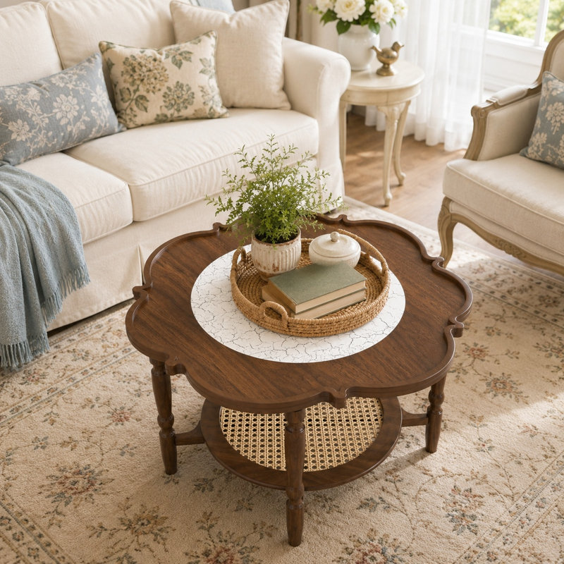 Table basse Calline Mid-Century en forme de pétale avec tablette en rotin et plateau en verre, Noyer