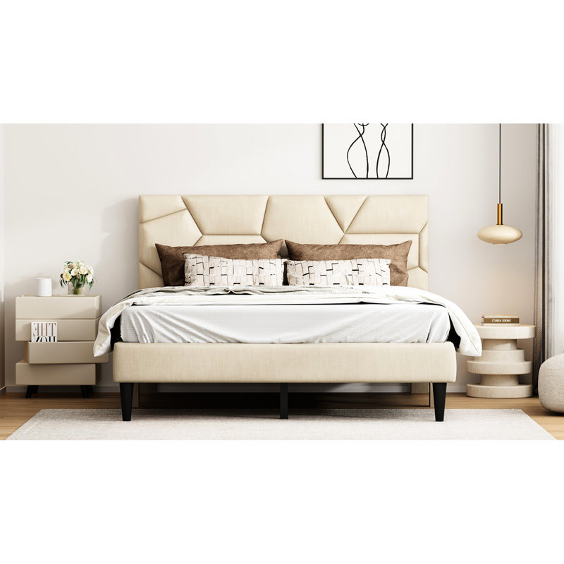 Structure de lit pour grand lit beige - solide, silencieuse, sans sommier, avec cadre de rangement de taille optionnelle, rangement inférieur, assemblage facile