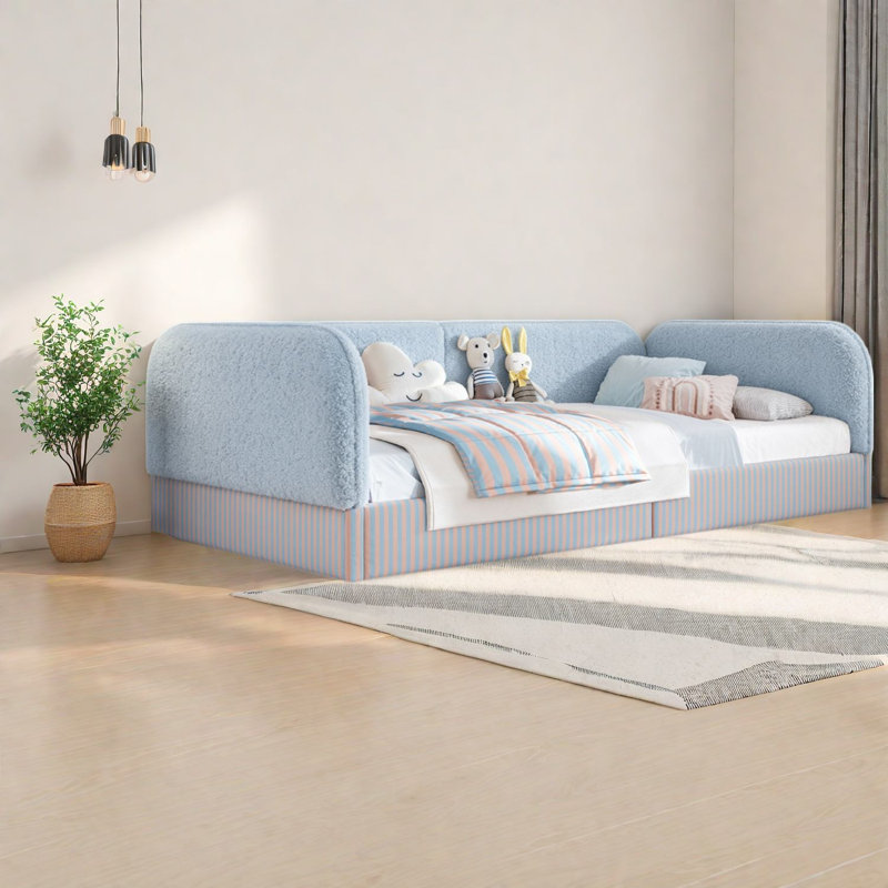 Lits jumeaux sécuritaires pour enfants, cadre de sol Montessori moderne en molleton doux pour la maison, Bleu