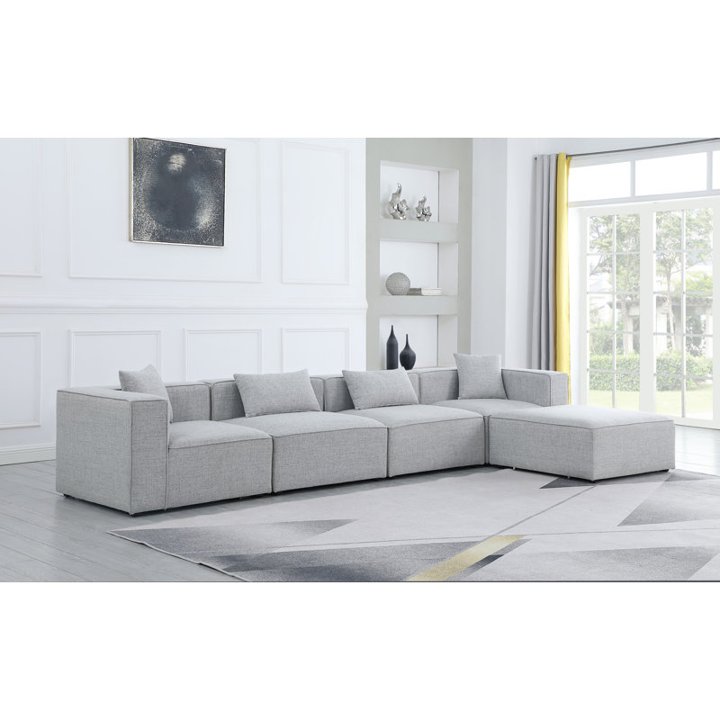 Cube Upholstered L-Shaped Sectional Reversible, Grey Linen Textured Fabric