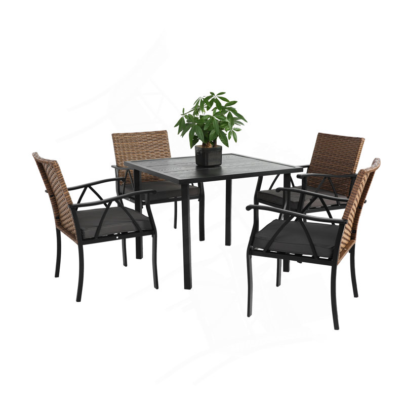 5-Piece Wicker Outdoor Table And Chairs, Patio Dining Set W/Square Steel Tabletop And Umbrella Hole, Patio Table And Chairs Set For Backyard Deck Balcony Front Porch