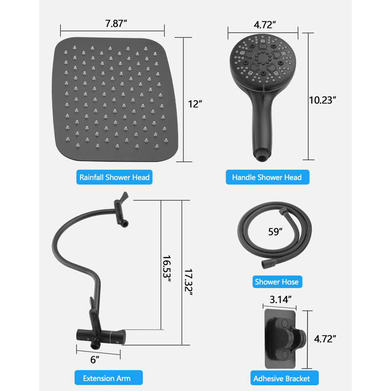 Matte Black 12'' High Pressure Rainfall Shower Head Combo
