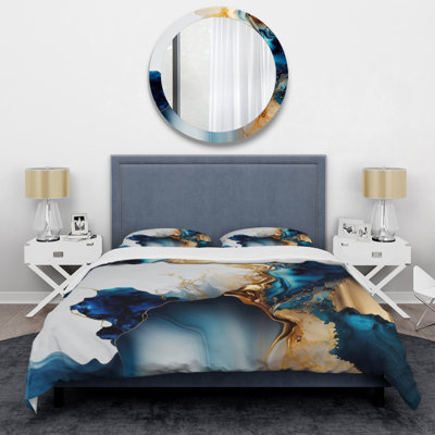 Abstract Geode Gold And Blue Marble I - Modern Duvet Cover Set - Microfiber Polyester