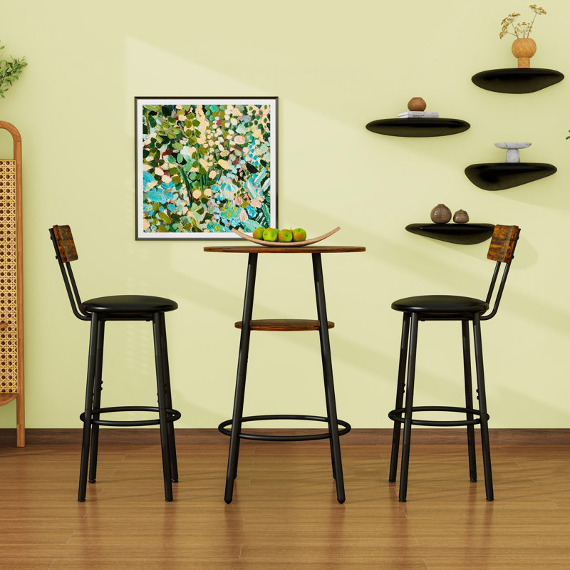 Ensemble de tabourets de bar 3 pièces avec table, tablette et 2 tabourets, Brun rustique / noir, Brun rustique