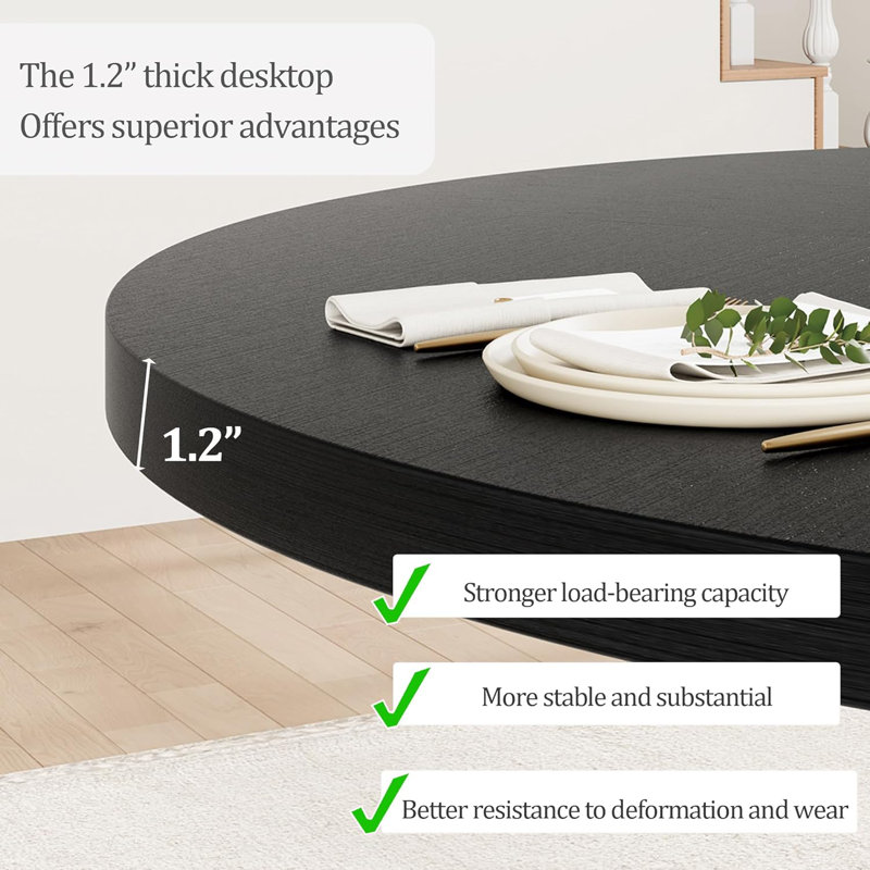 Modern Space-Saving 47 Inch Round Dining Table – Black Woodgrain Finish, Easy-Clean Surface, Stable Four-Post Pedestal for 4-6, Kitchen, Living Room, Breakfast Nook – Woodgrain Black