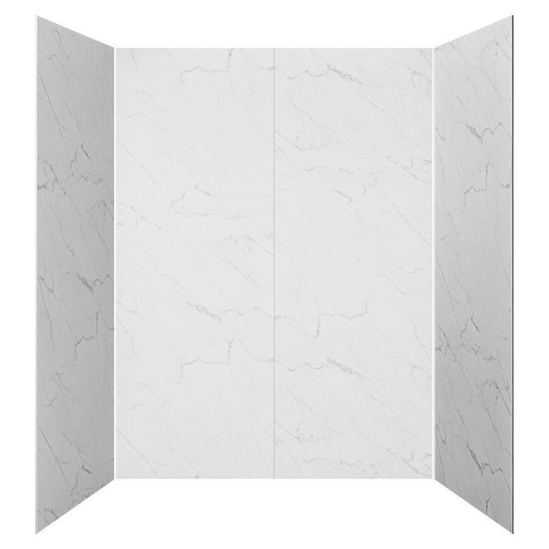 Shower Wall Panels, 60" W x 32" D x 80" H, 0.2" (5 mm) Thick, 4-Panel Waterproof SPC Shower Surround Kit, Quick Install and Trimmable Bathroom Tub Wall Panel Surround Kit with 4 Glass Shelves