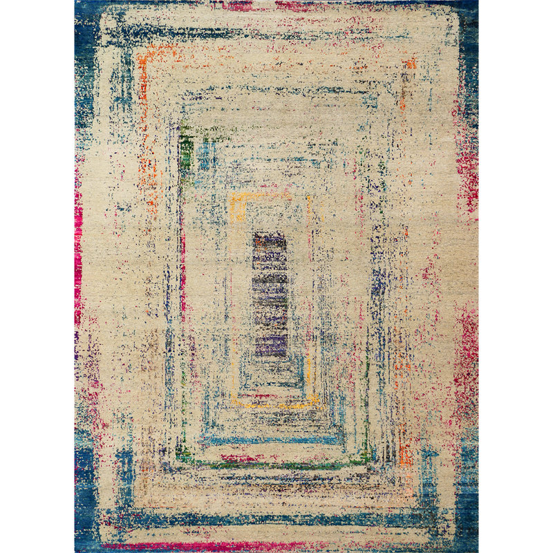 Tapis beige et multicolore de haute qualité noué à la main, Rectangle de 5 pi x 8 pi