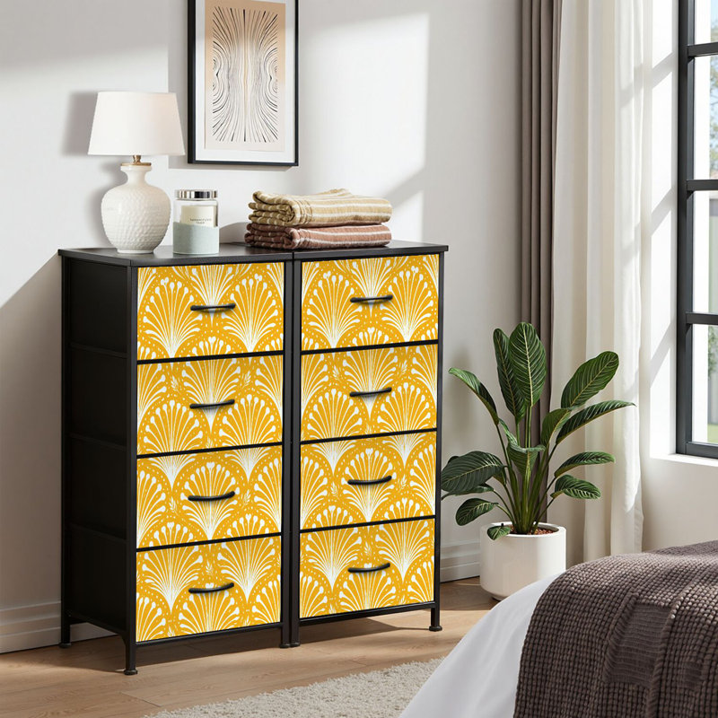 Commode pour commode de chambre à coucher en forme de feuille de palmier stylisée de couleur jaune doré Commodes et commodes de rangement en tissu avec bacs de rangement à 4 tiroirs