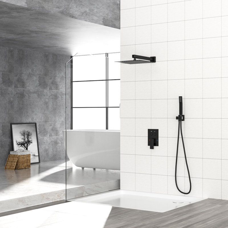 Douche murale double - Système carré, soupape équilibrée, système de pluie et tête à main carrée, douchette, Noir