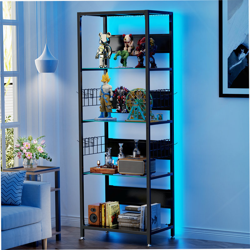 4-Tier Glass Display Shelf With RGB Lights, LED Lighted Curio Cabinet, Adjustable Storage And Hooks For Versatile Use