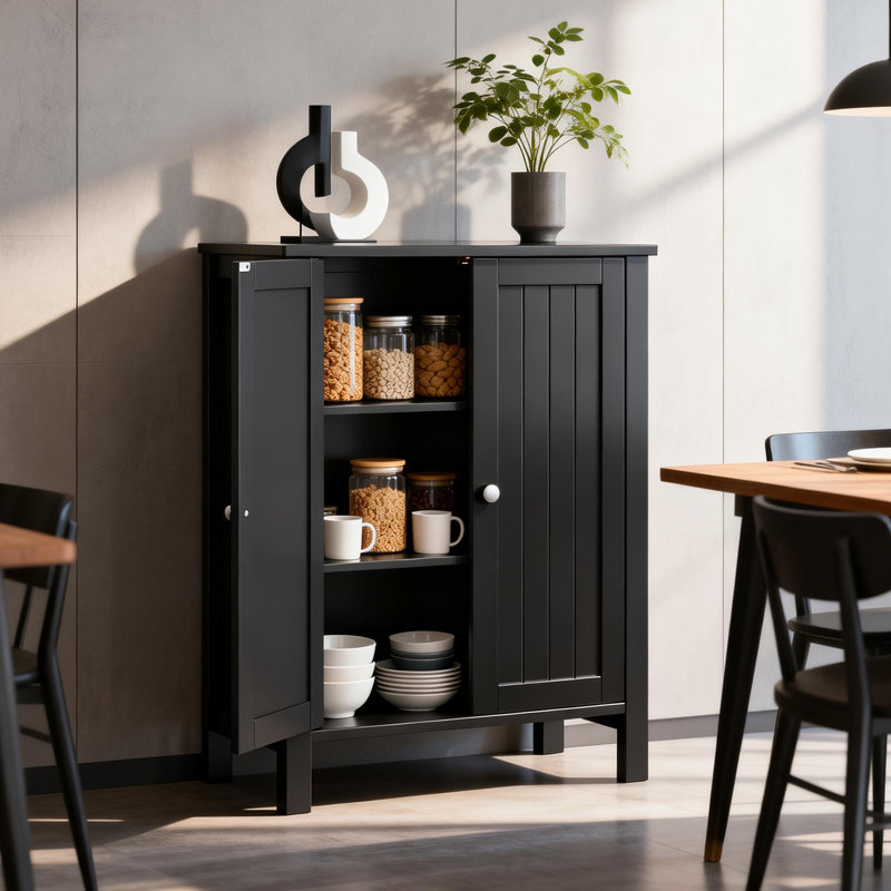 Armoire de salle de bain noire 23,62 "avec 2 portes et 3 tablettes