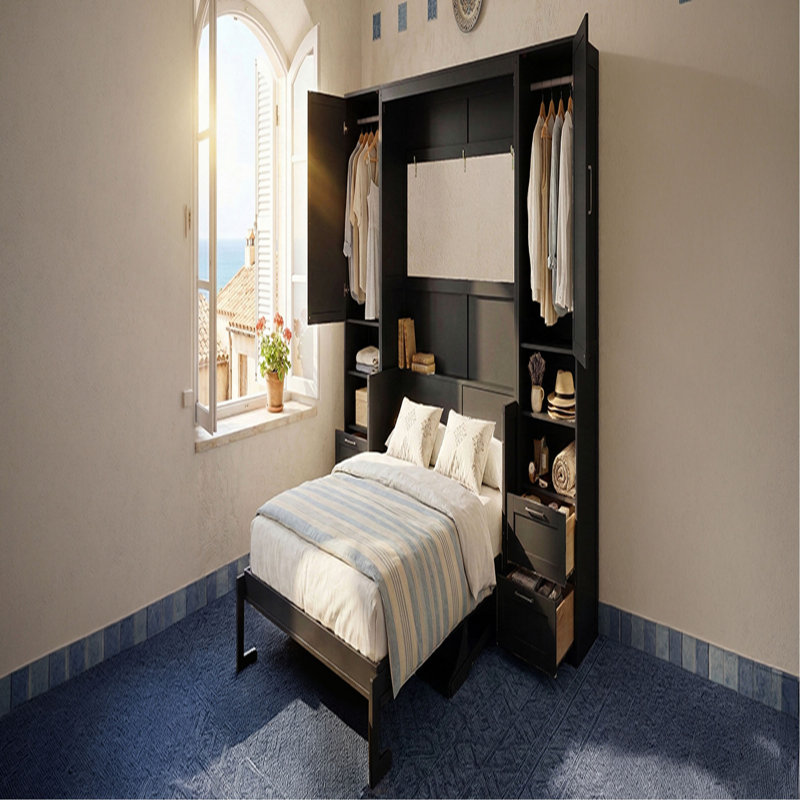 Lit escamotable mural avec placard, tiroirs et tablettes pour des solutions de rangement polyvalentes et peu encombrantes