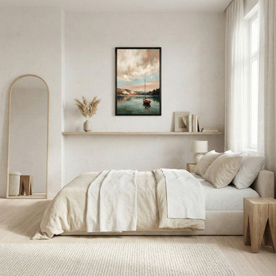 Voilier en bois sur un lac avec Rolling Hills, art mural sur toile