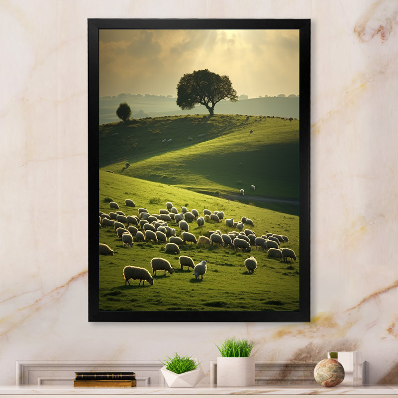 «Pastoral Bliss Sheep Landscape II», reproductions d'art mural animaux, H 32 po x l 16 po x P 1 po, Cadre photo noir