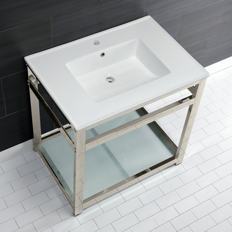 Kingston Brass Quadras 31-Inch Ceramic Console Sink with Steel Base and Glass Shelf, White/Polished Nickel, Single