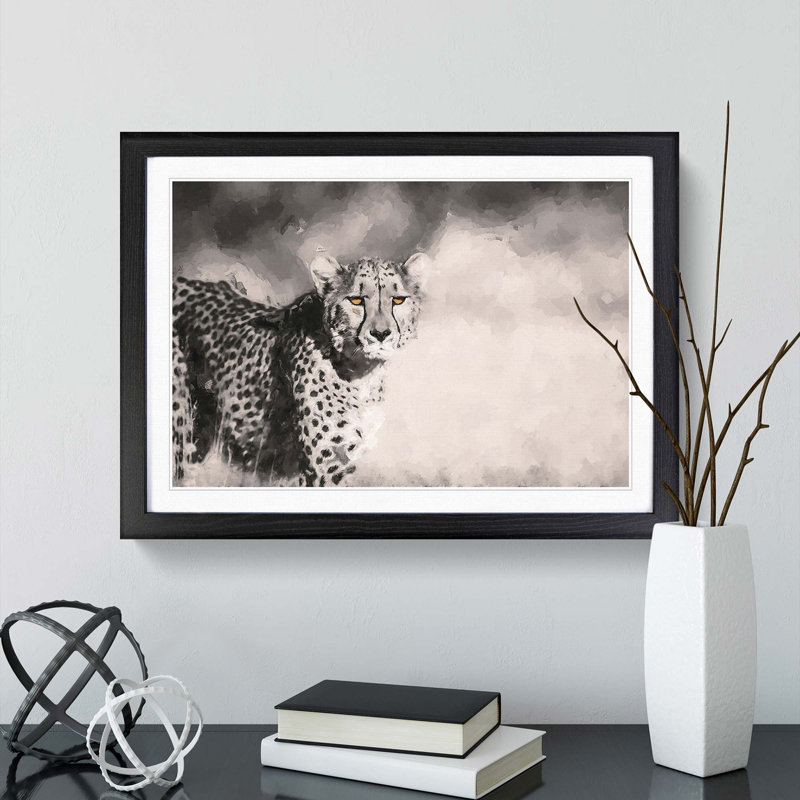 Cheetah with Orange Eyes in Abstract - Picture Frame Graphic Art Print, 48cm H x 65cm W x 2cm D, Black Framed