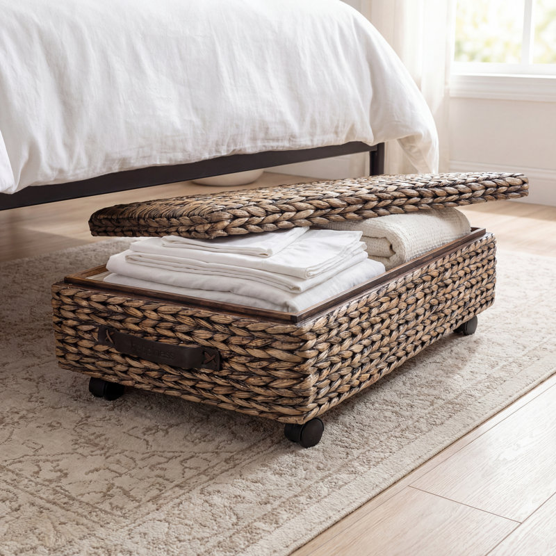 Chett 26.38" Minimalist Hand-Woven Hyacinth/Wood Underbed Storage Bin with Wheels and Handles, Brown Wash