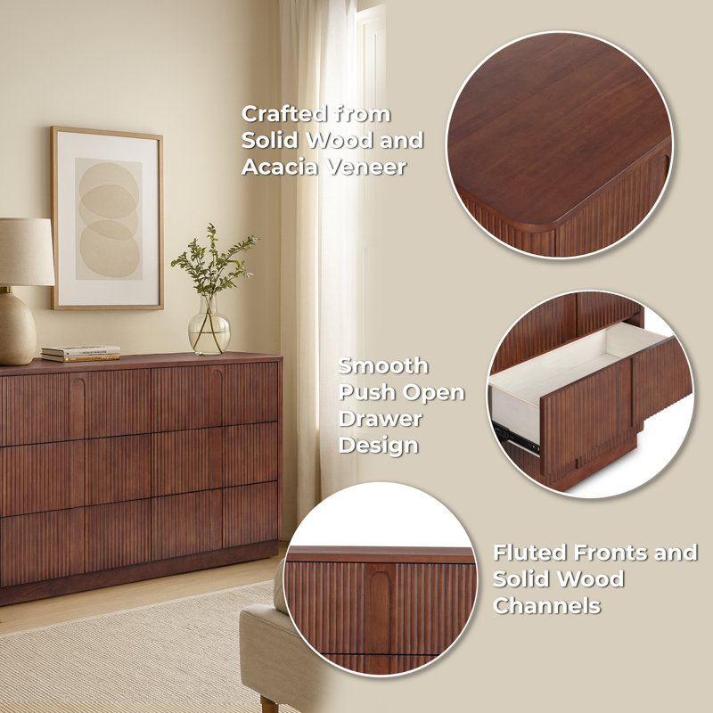 6-Drawer Solid Wood Dresser with Reeded Front for Modern Bedroom Accent Storage, Walnut