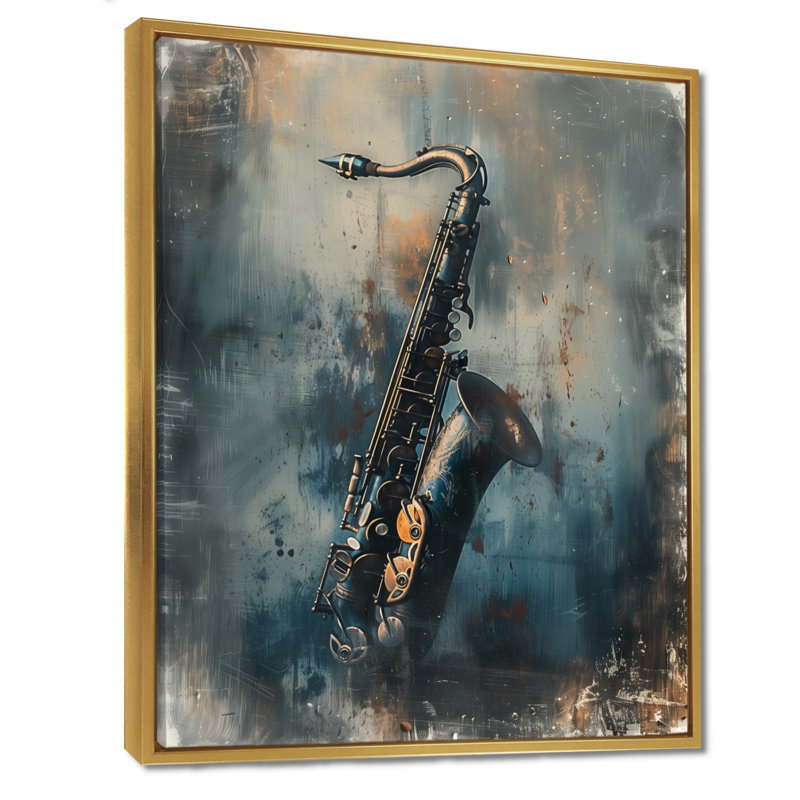Gris saxophone Sizzle Portrait - musique Jazz Wall Art salon, Cadre flottant doré, H 44 po x l 34 po