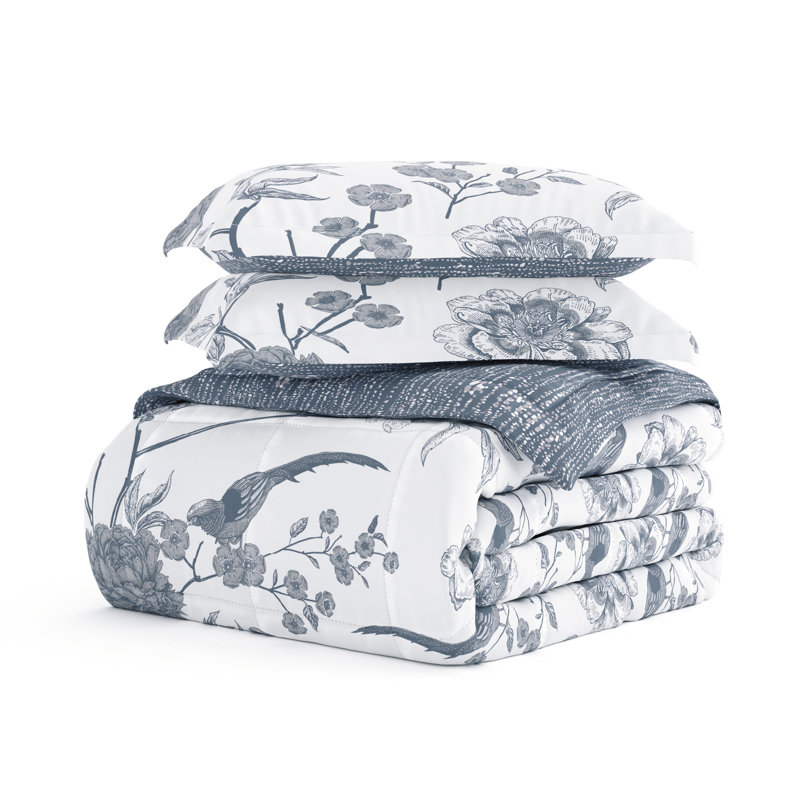Light Blue Floral Down Alternative Reversible Comforter Set, Full