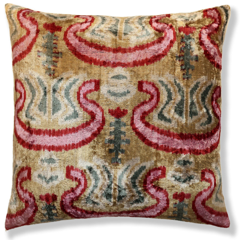 Oreiller en velours de soie noué à la main Ikat - 20 x 20 sable et framboise