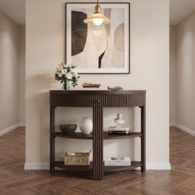 Console cannelée demi-lune avec tiroir et 2 tablettes ouvertes