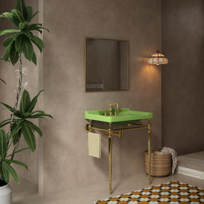 Vici 28" Bathroom Console Sink, Wall-mounted White Ceramic Vanity Basin With 3 Pre-drilled Faucet Holes, Freestanding Stainless Steel Support Legs With Towel Bar, No Faucet, Gold Color